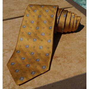 Brooks Brothers Makers Neck Tie Silk USA Jacquard Blue Squares Yellow 59 x 3.75